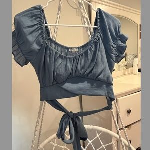 Blue Shirt Sleeve Wrap Around Crop Top